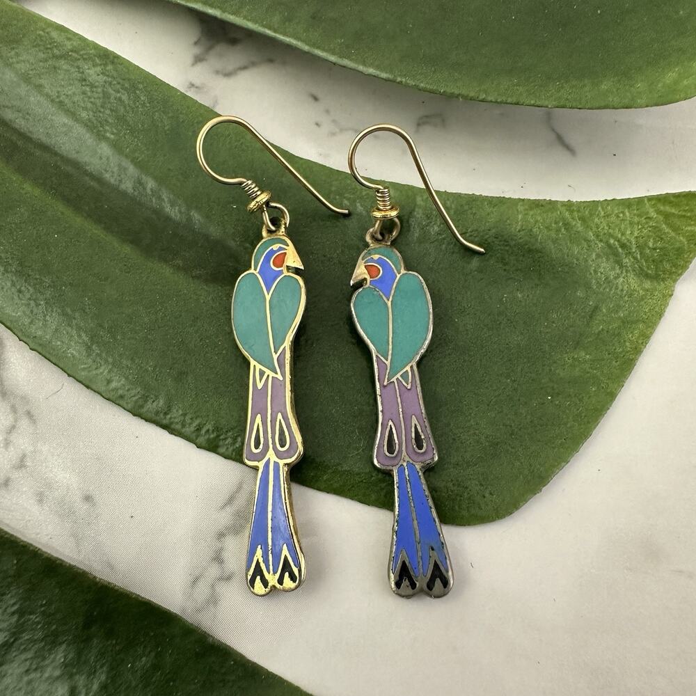 Laurel Burch Vintage 90s Mayan Bird Dangle Earrings Gold Purple Tropical Novelty